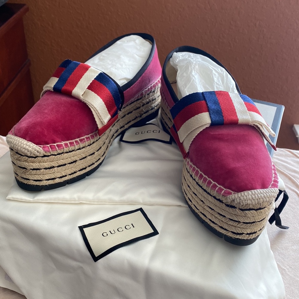New 36.5,Gucci Shoes Gucci, Velvet Wedge Platform Espadrilles Bow - Picture 2 of 7
